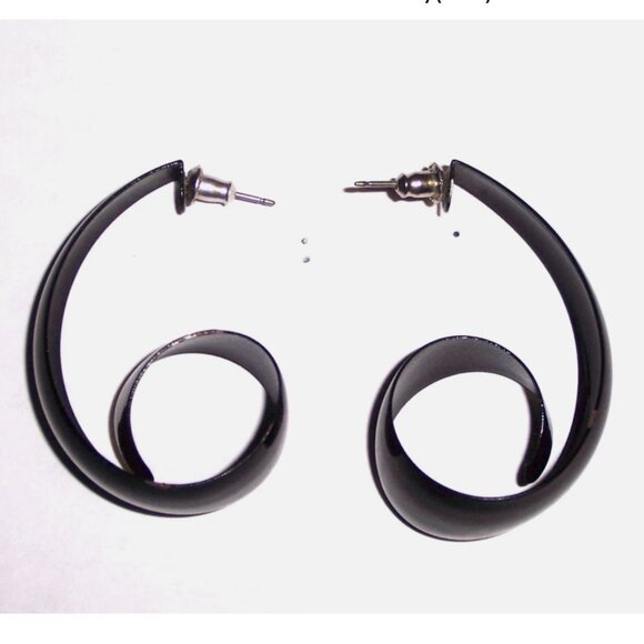 Vintage 90s Retro Y2K Black Plastic Swirly Hoop Fashion Earrings - Picture 2 of 3